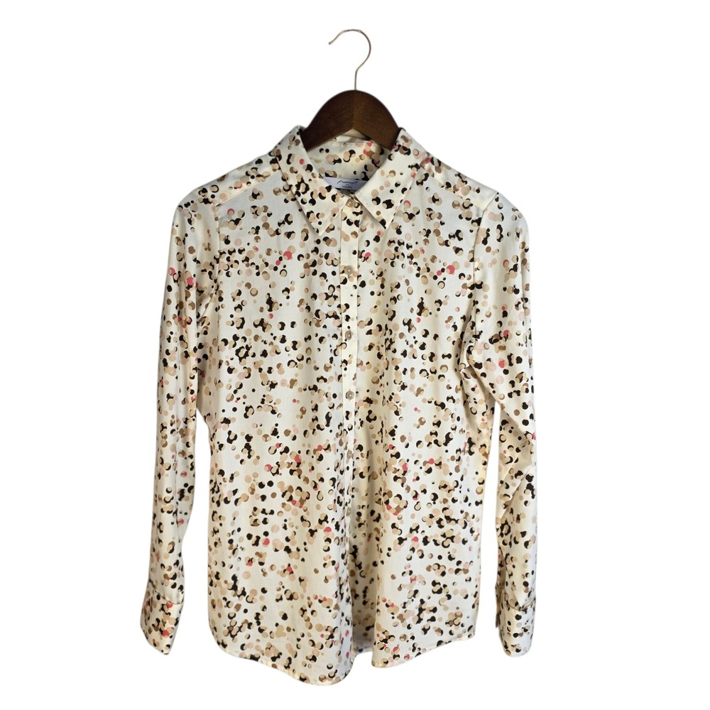 Foxcroft Button Down Shirt Womens Size 4 Cream Multicolor Polka Dot Non-Iron
